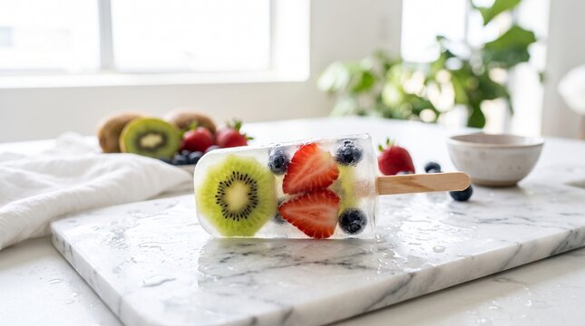 Refreshing Homemade Fruit Popsicle Made With Fresh Sliced Kiwi Strawberries And Blueberries On A Sleek White Marble Surface