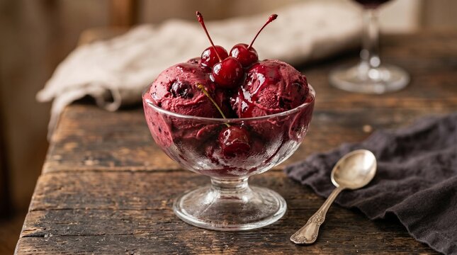 Refreshing dark cherry gelato scoops served in an elegant footed glass bowl garnished with fresh ripe cherries on a rustic wooden table