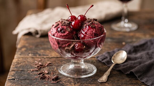 Scoops of artisanal dark berry ice cream topped with fresh red cherries and chocolate shavings served in a clear glass dessert bowl