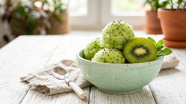 Refreshing Homemade Green Kiwi Sorbet Scoops Served in a Ceramic Bowl with Fresh Fruit Slices and Mint Leaves on a Rustic Wooden Kitchen Table