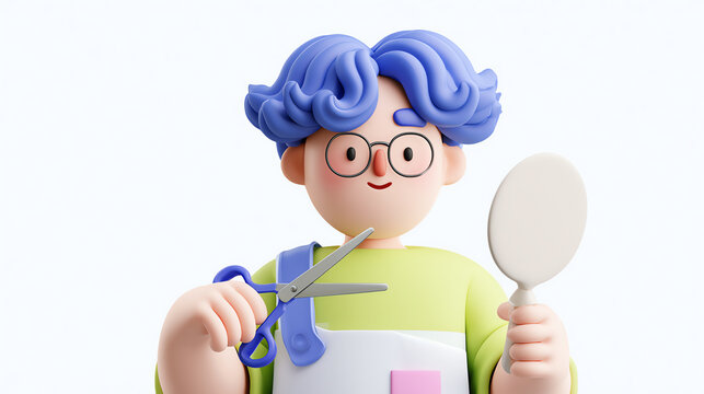 A playful cartoon character with blue hair, wearing glasses, holding scissors and a mirror, showcasing a fun and creative hairstyle experience.