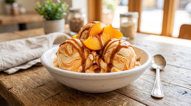 Delicious bowl of creamy peach ice cream scoops drizzled with rich caramel sauce and fresh fruit slices on a rustic wooden table
