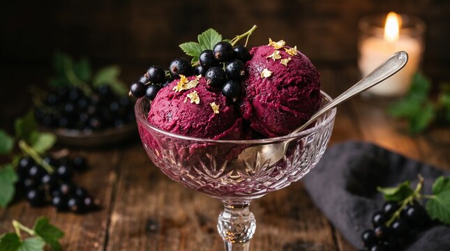 Exquisite Blackcurrant Sorbet Served in a Vintage Crystal Glass Bowl Garnished with Fresh Berries for a Sophisticated Dessert