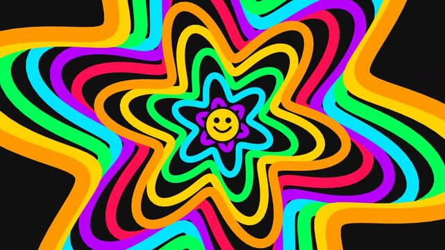 A yellow smiley sun character radiates colorful rainbow concentric star shapes in a retro indie animation on a black background.