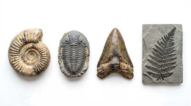 Four ancient paleontology specimens set in a horizontal line against a plain studio white