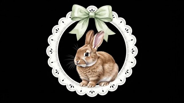 A cute brown bunny sits inside an ornate white lace frame with a bow.