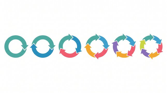 Six colorful circular process cycle diagrams with arrows with arrows different colors implementation organization productivity infographic progression development improvement