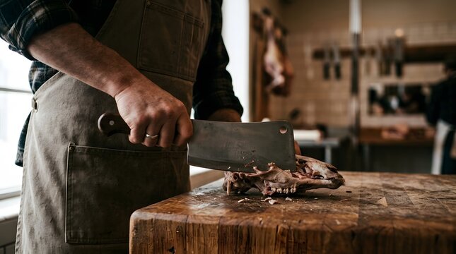 Butcher chopping raw animal skull with heavy cleaver on rustic wooden block in traditional meat shop