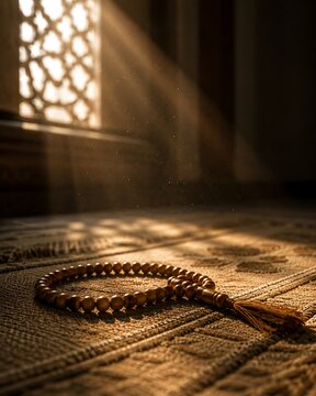 Sunlight streams through a patterned window, illuminating prayer beads resting on a textured carpet.