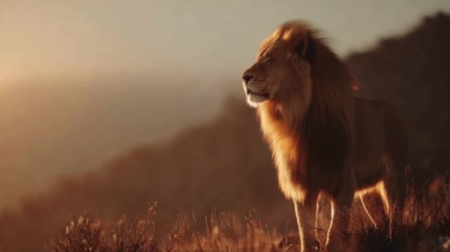 Majestic male lion standing on a hill at sunset, powerful African lion in golden hour light, wild predator in savanna landscape
