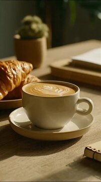 Morning coffee pour with latte art and crossiant ai generated video