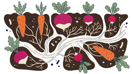 Obraz premium Organic carrots and radishes growing in soil with visible root systems.