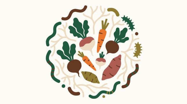 Vector illustration of soil biodiversity with root vegetables and worms in a circle.