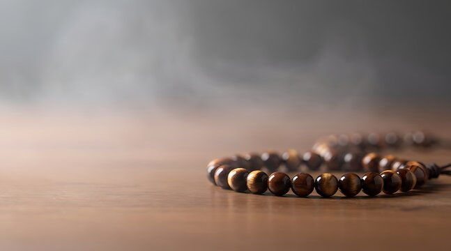 Tiger Eye Stone Beads Bracelet on Wooden Table with Smoke Background for Meditation and Spirituality