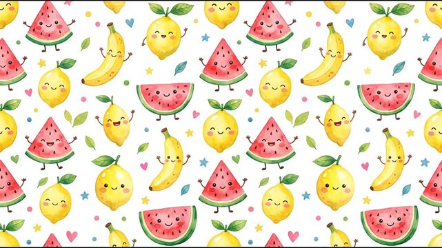 Cute watercolor fruit characters dancing in a seamless pattern with watermelon, lemon, and banana.
