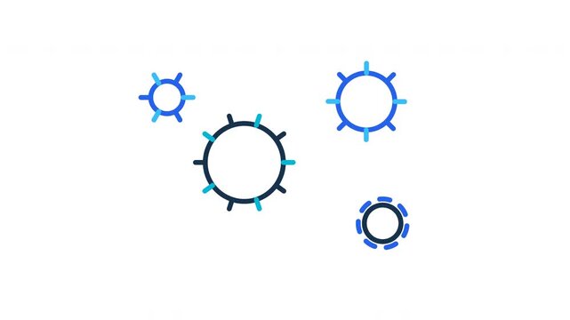 Set of abstract circle gear icons with rotating motion elements representing mechanical process and technical connectivity in blue design