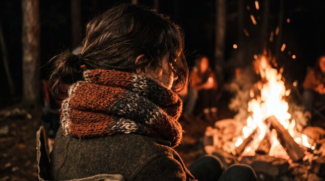 Young woman wearing a warm scarf and jacket sitting by a campfire at night with friends in the background