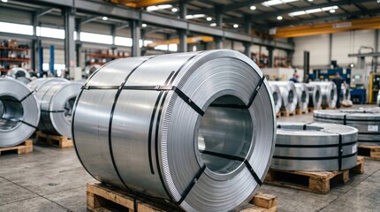 Naklejka premium Industrial warehouse interior with stacked galvanized steel coils on wooden pallets