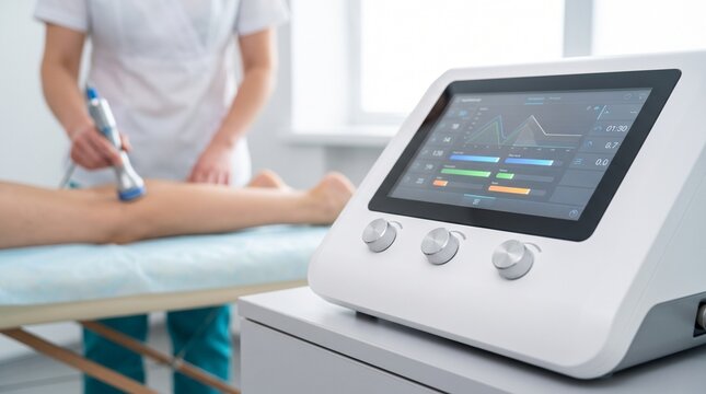 Modern shockwave therapy medical device used for physiotherapy treatment on patient leg