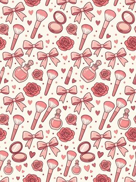 Seamless beauty pattern with makeup brushes bows and roses