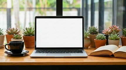 Fototapeta premium Laptop with blank screen on wooden desk surrounded by potted plants and an open book.