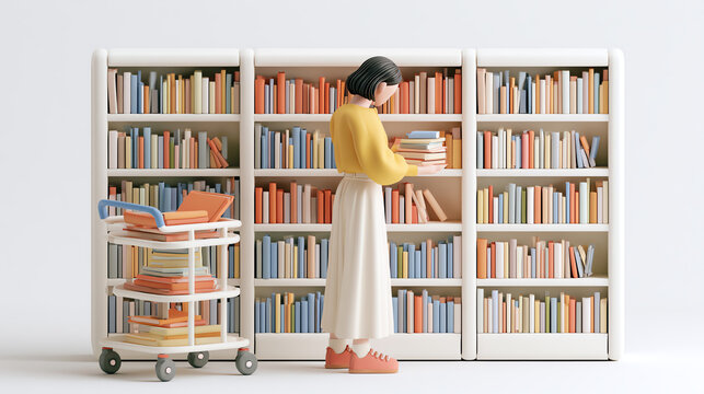 A woman arranged on a shelf filled with colorful books. She stands beside a cart of books, immersed in the joy of reading and organization in a serene library.