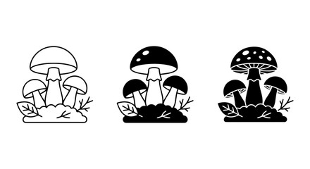 Fototapeta premium Mushroom Icons Set: Outline, Silhouette, and Filled Styles for Nature and Autumn Designs