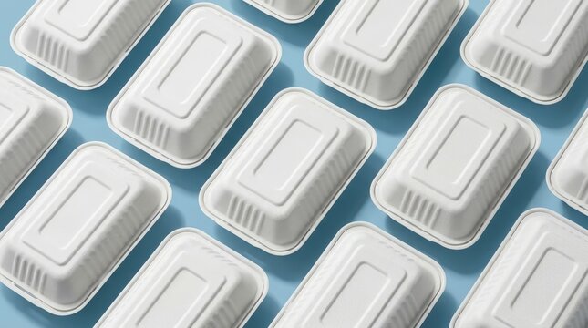 Disposable food containers arranged in a pattern on a blue background.