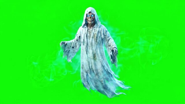 Scary hooded ghost skeleton floating on a green screen background