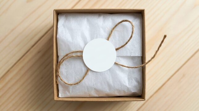 Open gift box with white tissue paper and twine on wooden background.