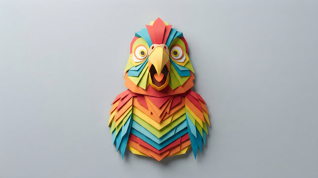Colorful parrot bird head made of layered paper art craft isolated