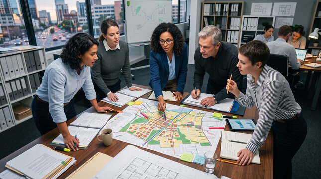 Urban planning team reviewing city map in office