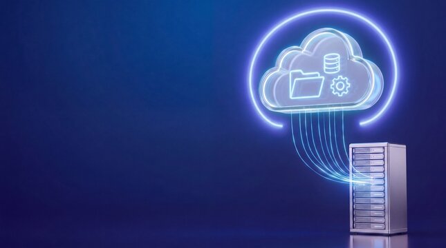 Glowing cloud icon with server rack over a clean blue background representing IT infrastructure, database server connected to a virtual cloud network for digital storage concept
