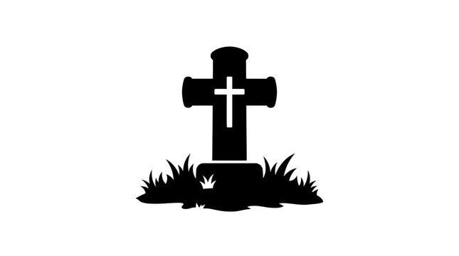 Silhouette of a christian tombstone with a cross against a white background