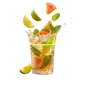 Refreshing mojito cocktail with lime and grapefruit. Splash of summer drink with mint leaves. Cold citrus beverage on white background.
