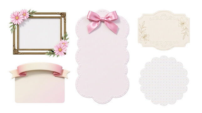 Vintage pink stationery set, elegant floral frames and gift tags, romantic scrapbooking elements with satin bows and gold borders