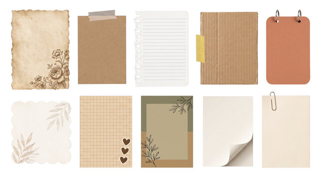 Vintage paper collection with 10 scrapbooking elements. Retro stationery set featuring kraft paper, lined sheets, and floral notes for journaling.