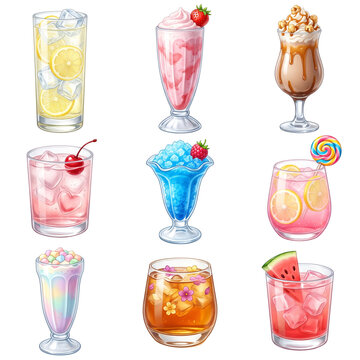 Summer drink collection, set of 9 colorful cocktails and milkshakes. Refreshing cold beverages with fruit garnishes on white background.