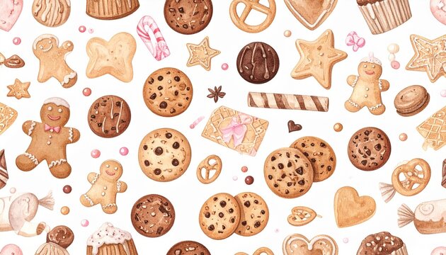 Assorted cookies and sweets pattern on white background