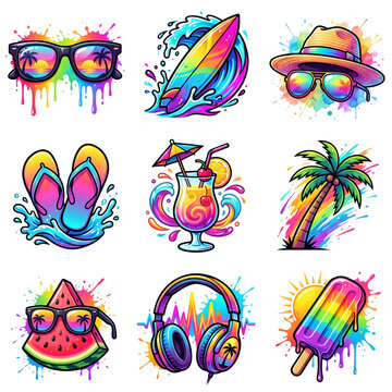Vibrant summer sticker set, colorful beach icons with paint splatter effect, 9 tropical vacation illustrations on white background