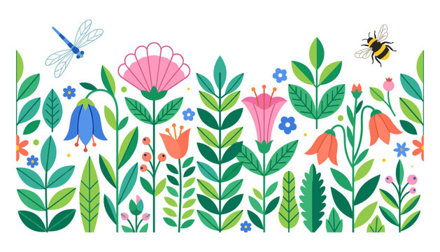 Flat vector illustration of a botanical meadow border with colorful spring and summer flowers, leaves, dragonfly, and a bee