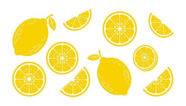 Yellow flat vector illustration pattern of whole lemons slices and wedges