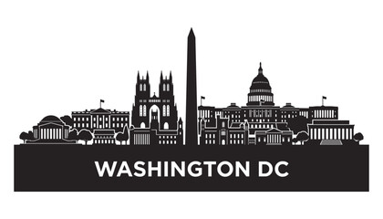 Fototapeta premium Washington DC skyline silhouette vector illustration featuring national monuments and text banner