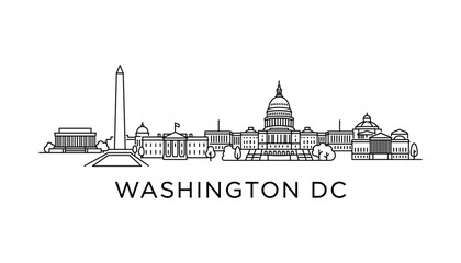 Naklejka premium Washington DC skyline line art vector illustration featuring national landmarks and text banner