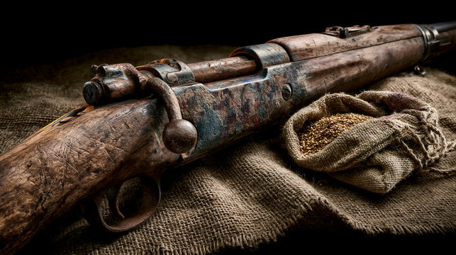 Vintage rifle on burlap with rusted barrel and worn wood, dramatic chiaroscuro light on dark backdrop, amber rim highlights, shallow focus, left copy space, perfect for historical posters and...