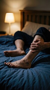 Bedtime limb affliction: calf cramp, muscle spasm, intense contraction, sharp pain, night ache, joint stiffness, tissue soreness, physical fatigue, tendon strain, fiber twitching, body discomfort.