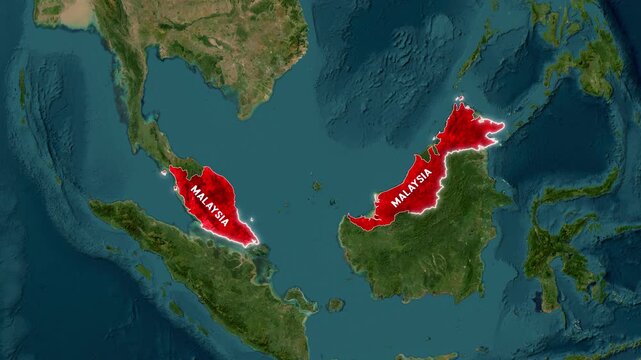 Malaysia highlighted on world map animation footage with waving flag motion