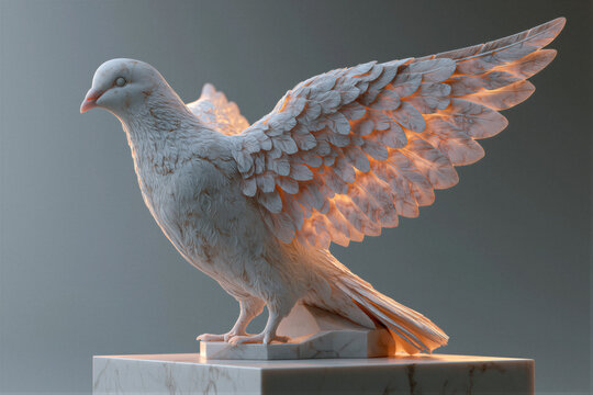 White marble dove on geometric pedestal against soft gray gradient. Cinematic lighting emphasizes translucent textures. Right copy space for corporate branding and web hero design.