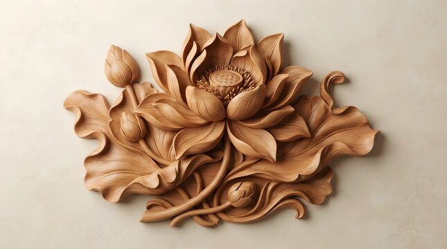 3D Carved Wooden Lotus Flower Bas-Relief Wall Art
