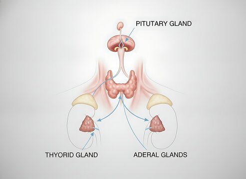 Medical illustration of endocrine system showing pituitary thyroid and adrenal glands with hormonal pathways for clinical and academic study